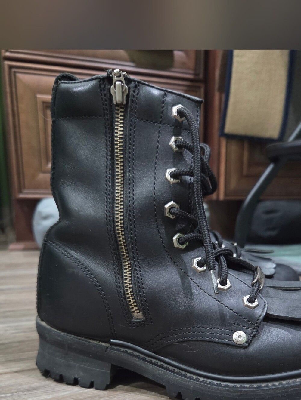 Black Leather Lace Up/Side Zippered Harley Davidson Women's Motorcycle Boots